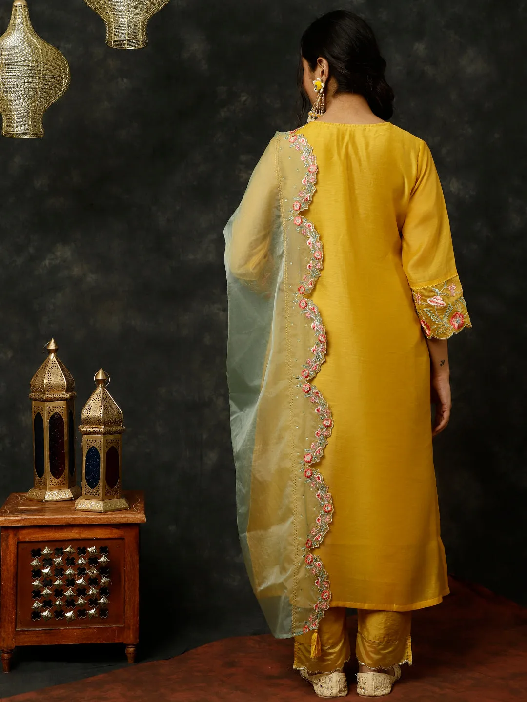 Mustard Aari Work Straight Kurta With Pants And Dupatta