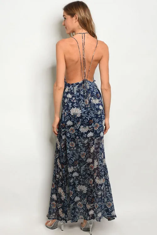 Navy Blue Floral Scoop Neck Maxi Dress