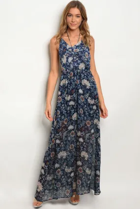 Navy Blue Floral Scoop Neck Maxi Dress