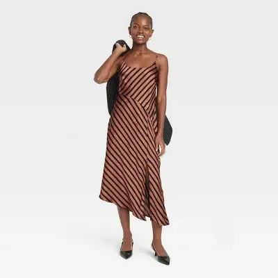 New - Women's Midi Slip Dress - A New Day Brown Striped XS