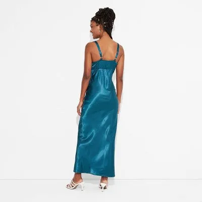 New - Women's Satin Lace Trim Midi Slip Dress - Wild Fable Dark Turquoise L