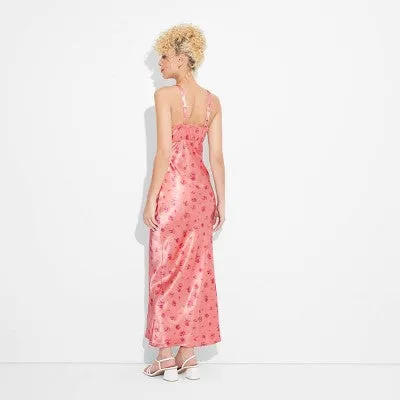 New - Women's Satin Lace Trim Midi Slip Dress - Wild Fable Salmon Pink Floral S