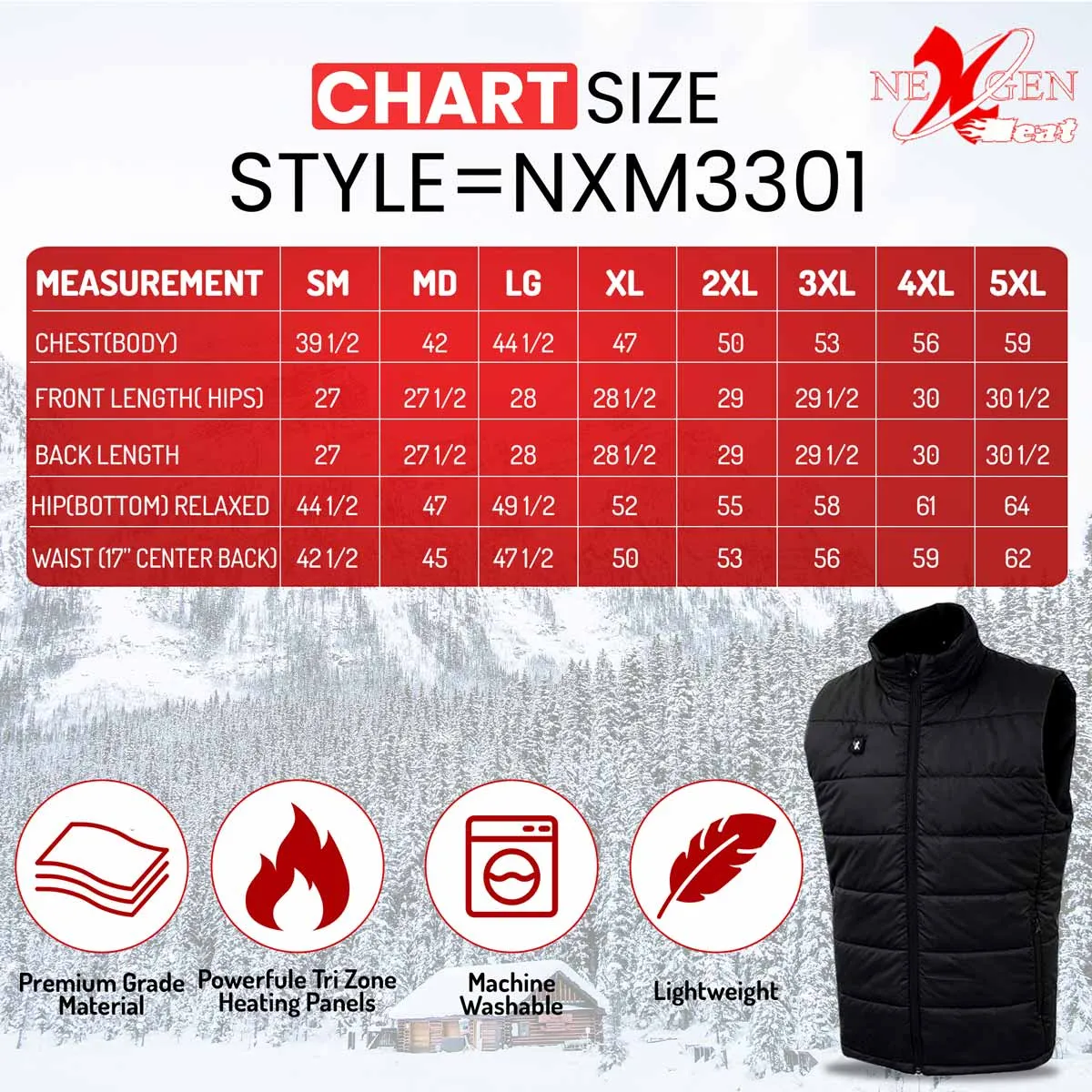 Nexgen Heat Men's NXM3301SET Puffer Black Heated Winter Vest for Outdoor Activities w/ Battery