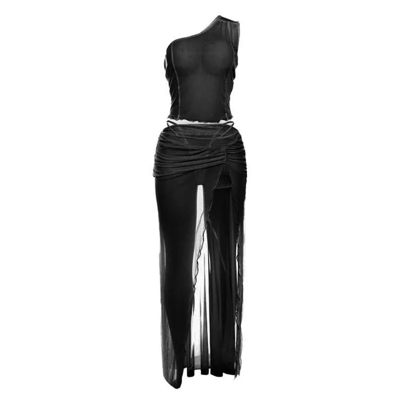 One shoulder high slit ruffle sheer mesh maxi skirt set