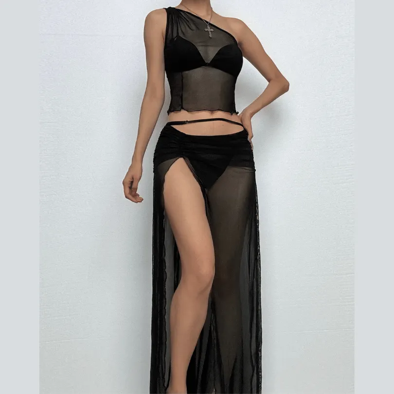 One shoulder high slit ruffle sheer mesh maxi skirt set