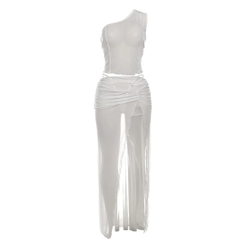 One shoulder high slit ruffle sheer mesh maxi skirt set