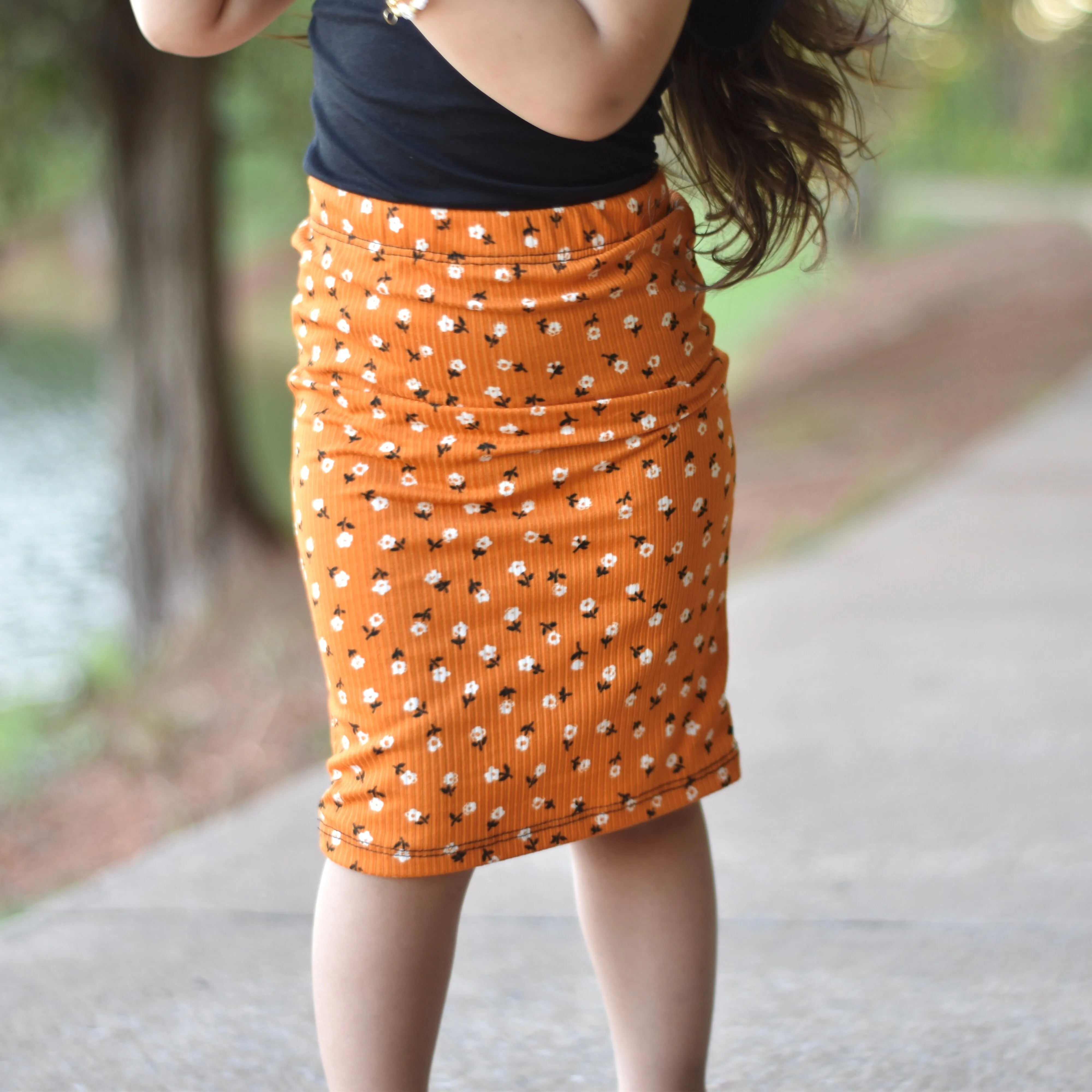 Orange Floral Childrens Pencil Skirt