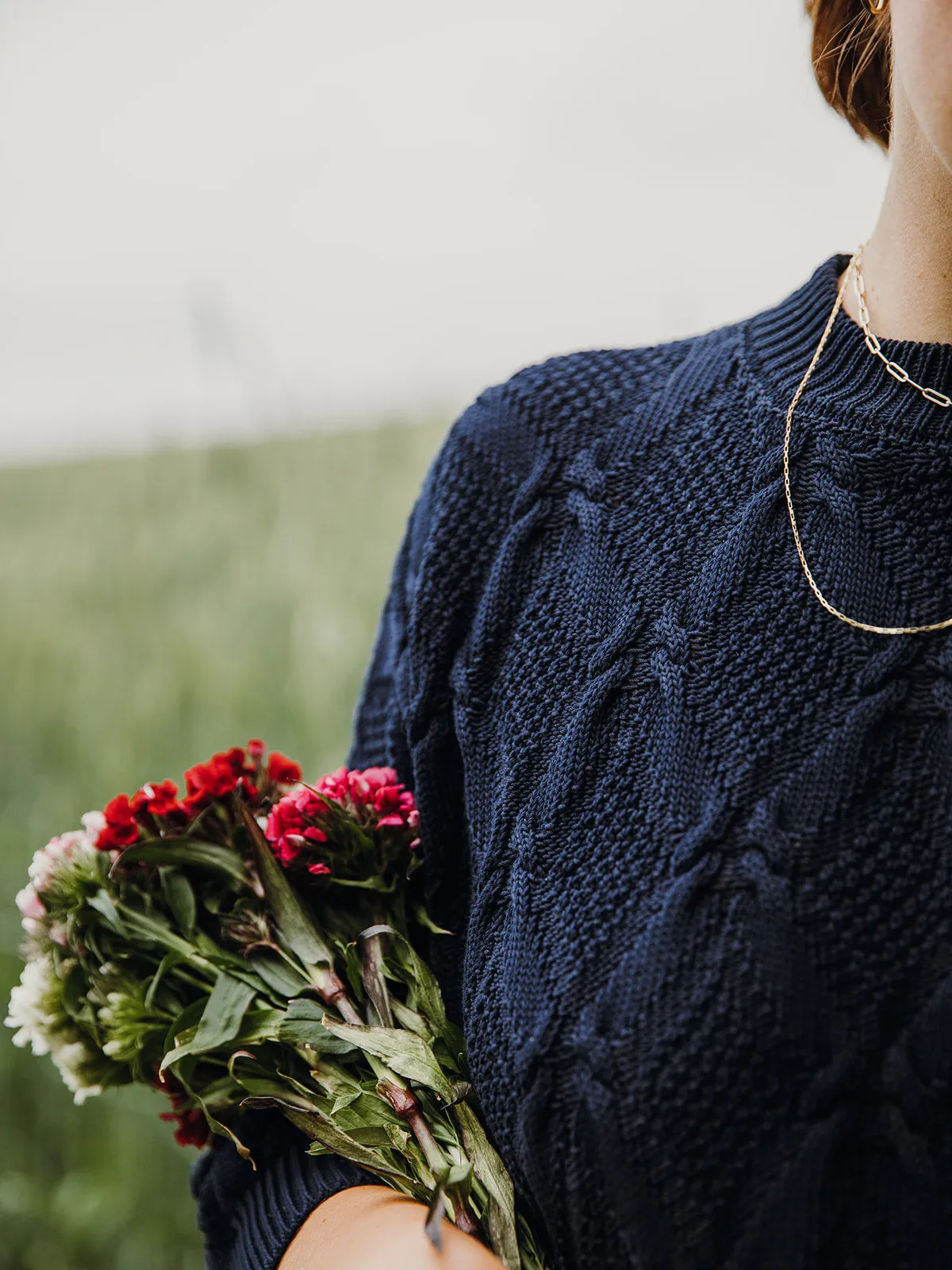 Organic Cotton Cable Sweater in French Navy