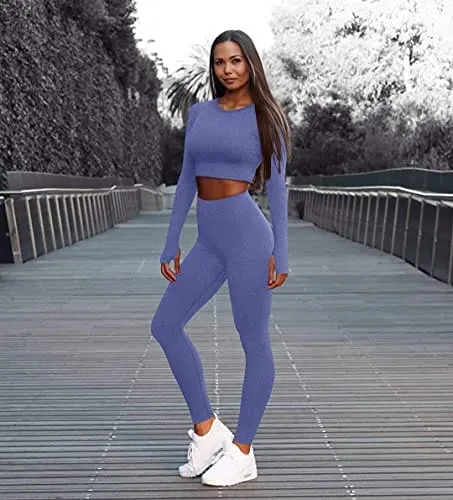 OYS Women's 2 Piece Tracksuit Workout Outfits Seamless High Waist Leggings Sports Long Sleeve Gym Sets Blue grey