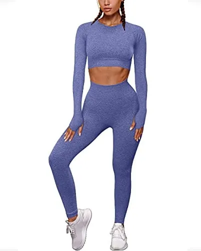 OYS Women's 2 Piece Tracksuit Workout Outfits Seamless High Waist Leggings Sports Long Sleeve Gym Sets Blue grey