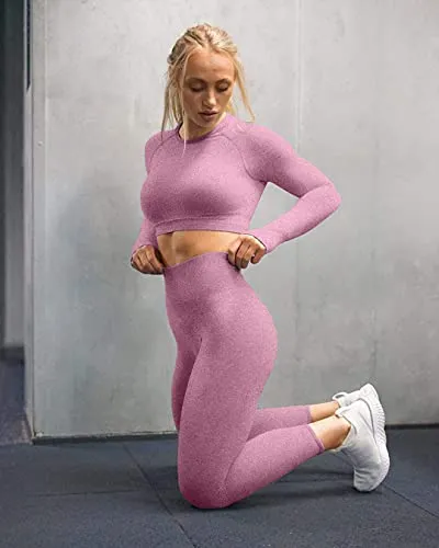 OYS Women's 2 Piece Tracksuit Workout Outfits Seamless High Waist Leggings Sports Long Sleeve Gym Sets Fuchsia