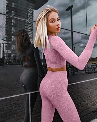 OYS Women's 2 Piece Tracksuit Workout Outfits Seamless High Waist Leggings Sports Long Sleeve Gym Sets Fuchsia