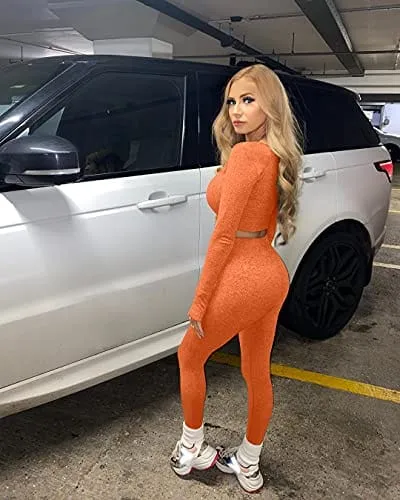 OYS Women's 2 Piece Tracksuit Workout Outfits Seamless High Waist Leggings Sports Long Sleeve Gym Sets Orange