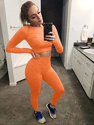 OYS Women's 2 Piece Tracksuit Workout Outfits Seamless High Waist Leggings Sports Long Sleeve Gym Sets Orange