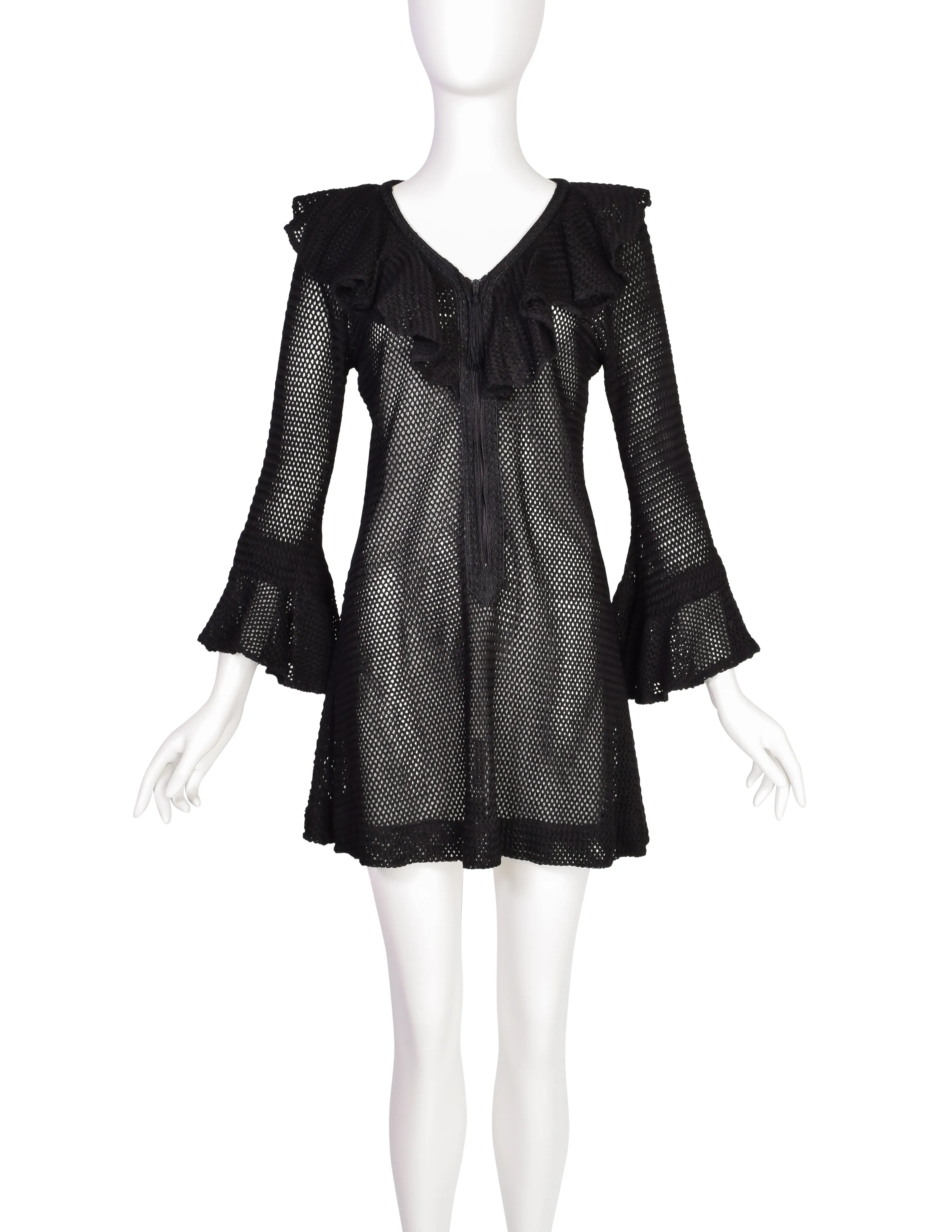 Paraphernalia Vintage Youthquake Black Open Knit Bell Sleeve Ruffle Mini Dress