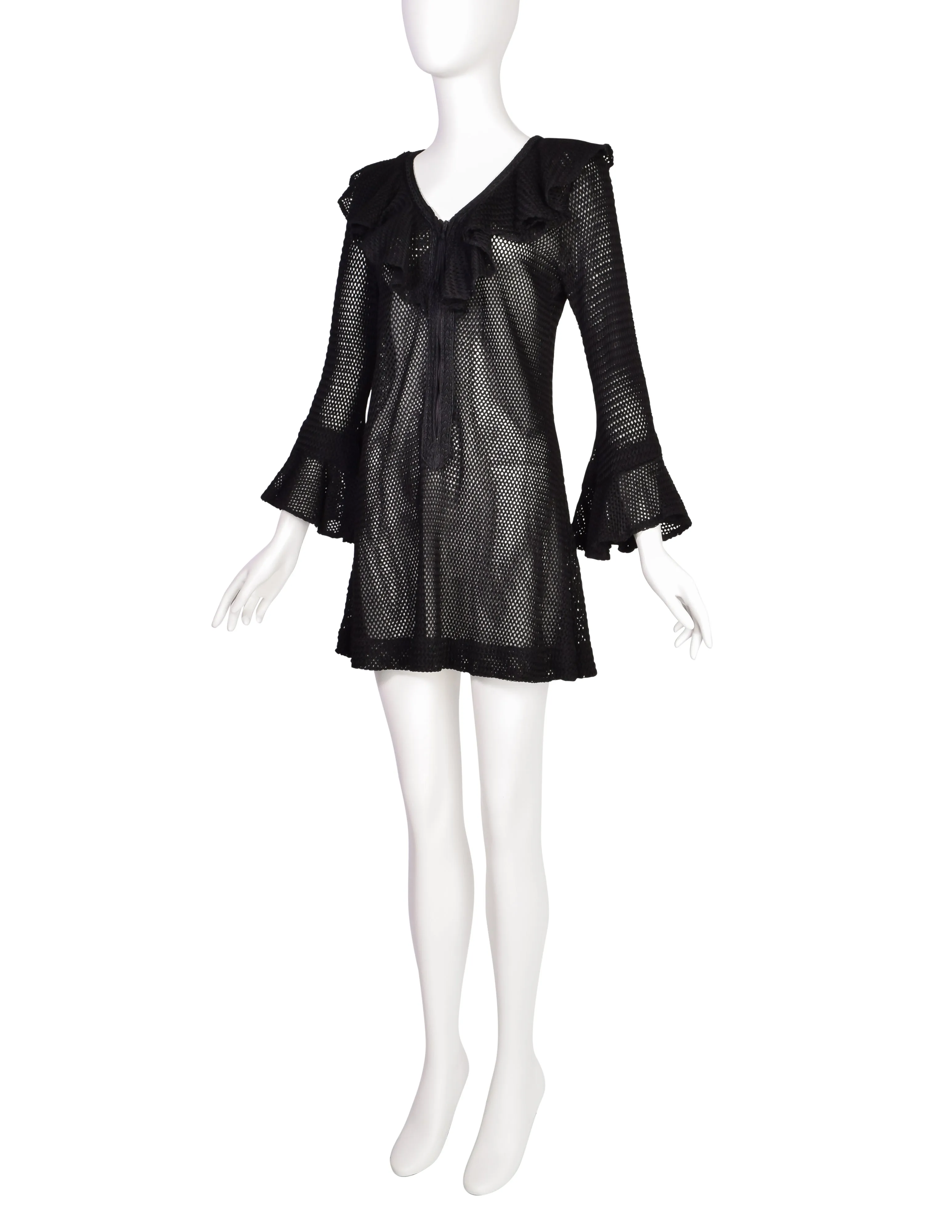 Paraphernalia Vintage Youthquake Black Open Knit Bell Sleeve Ruffle Mini Dress