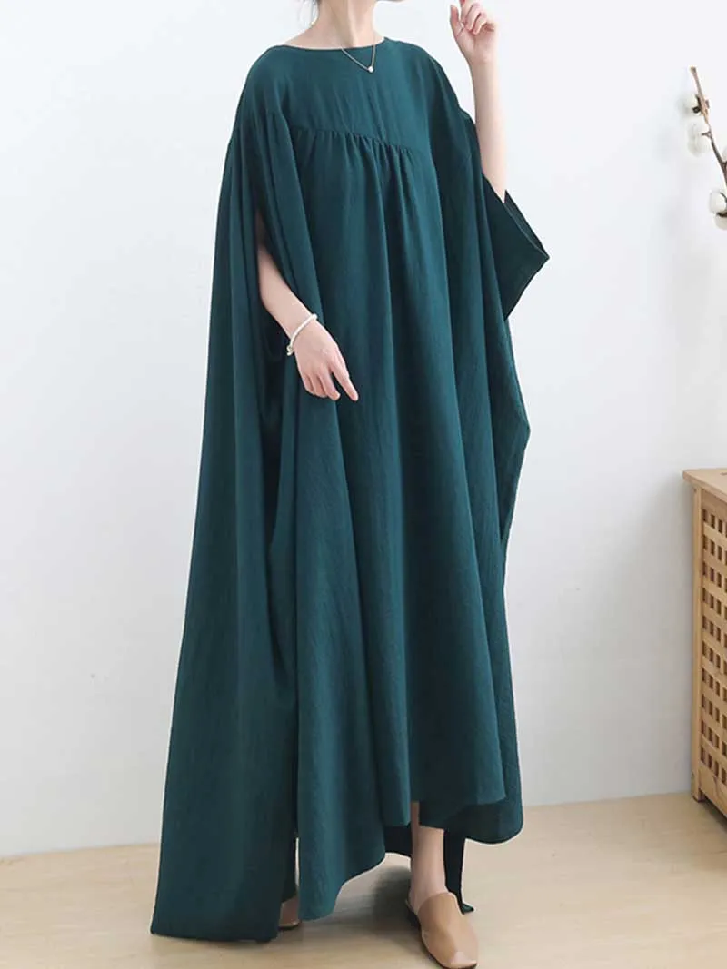 Plain Cotton Round-Neck Bat Sleeves Kaftan Dress