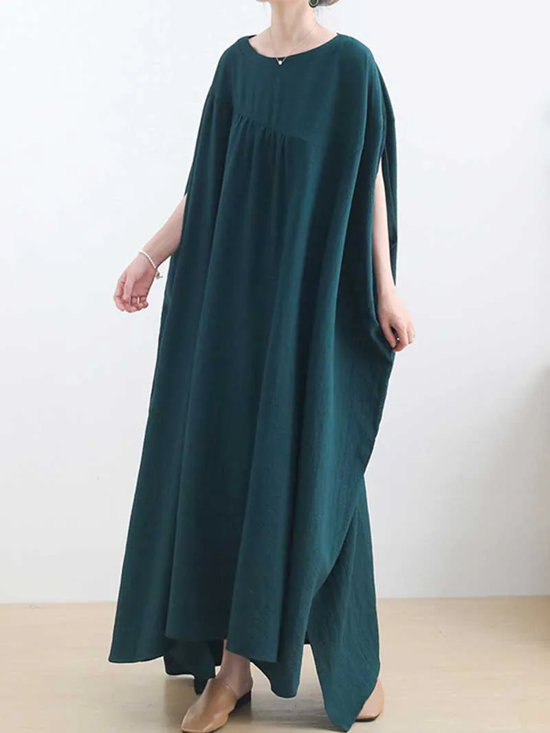 Plain Cotton Round-Neck Bat Sleeves Kaftan Dress