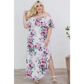 Plus Size Floral Off-Shoulder Side Slit Layered Dress