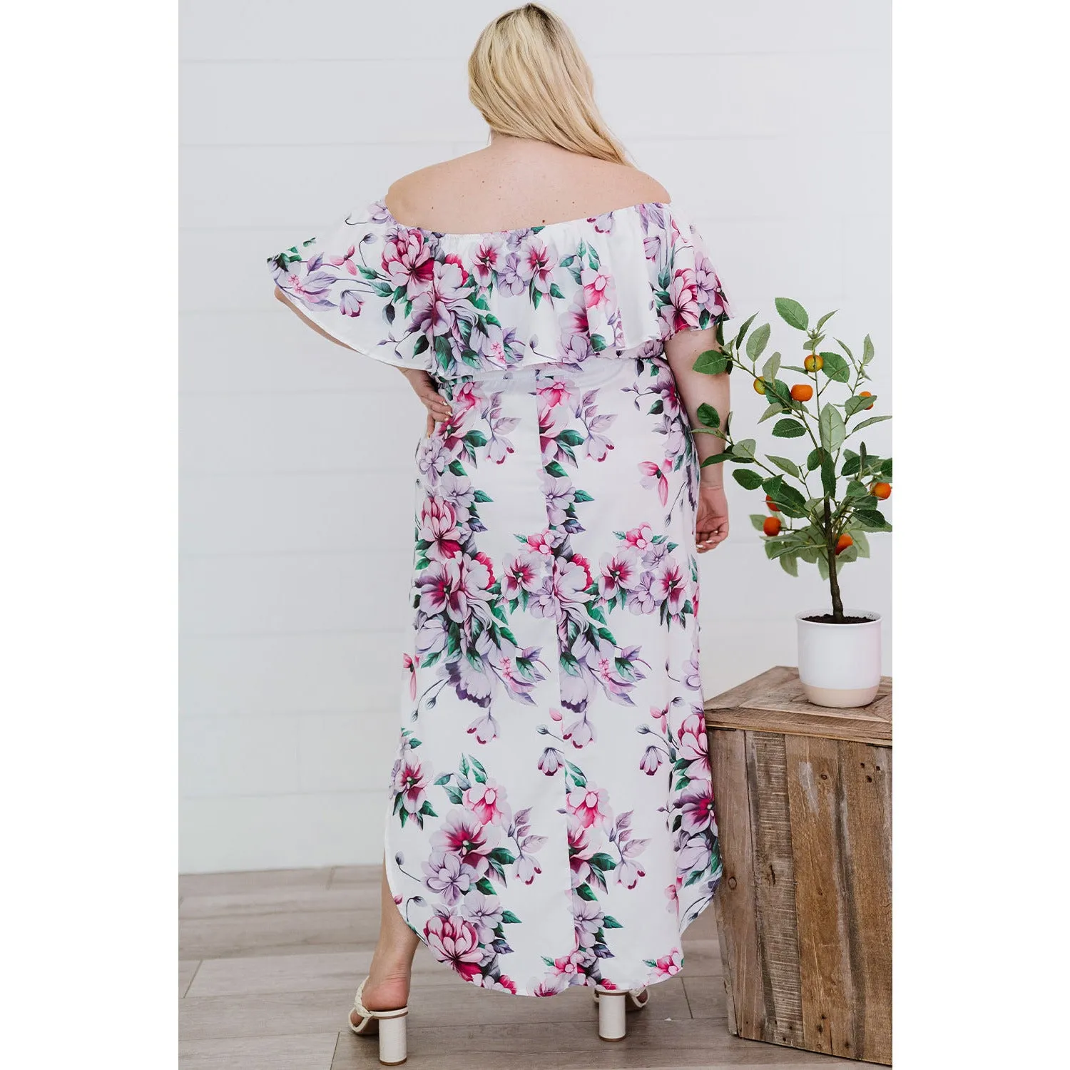 Plus Size Floral Off-Shoulder Side Slit Layered Dress