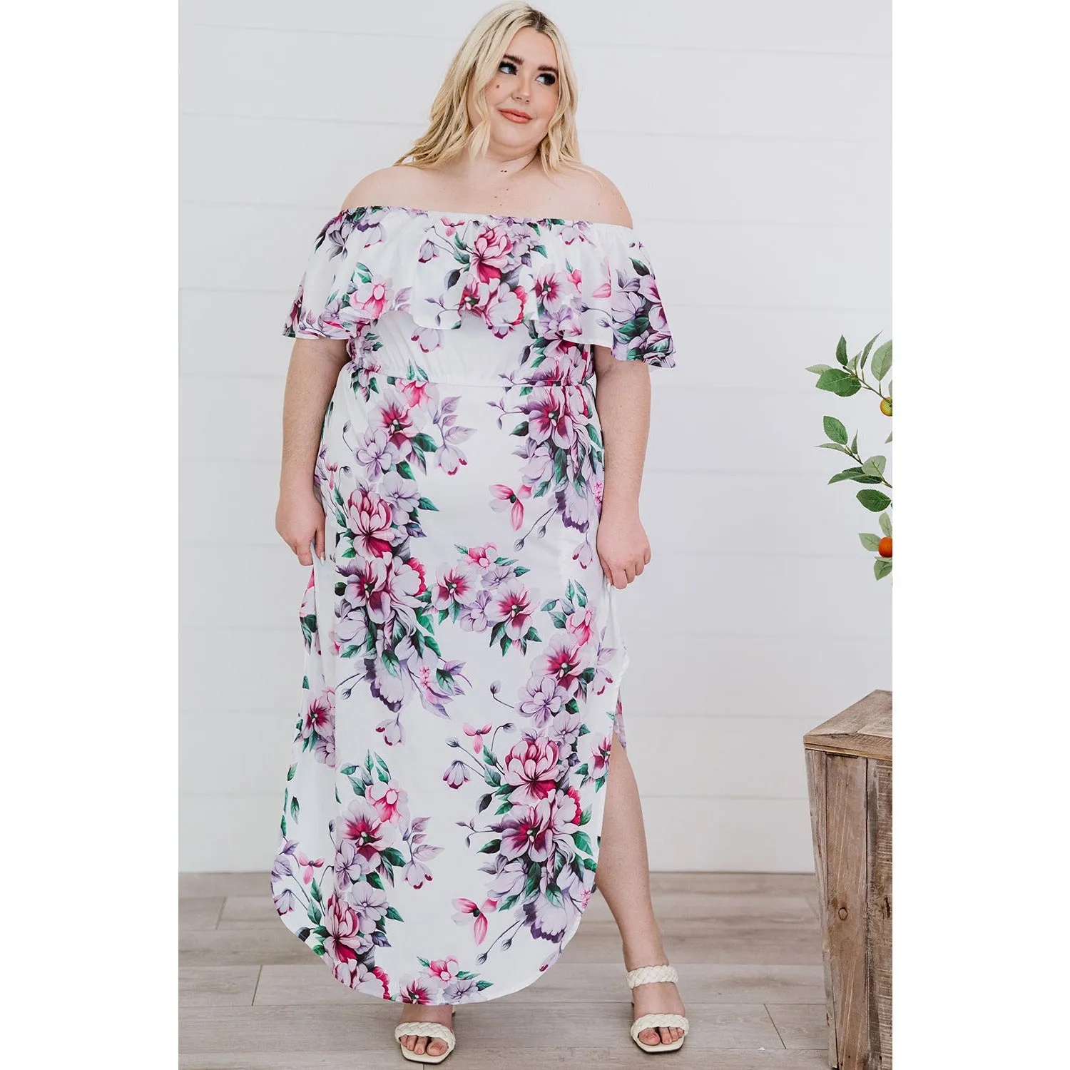 Plus Size Floral Off-Shoulder Side Slit Layered Dress