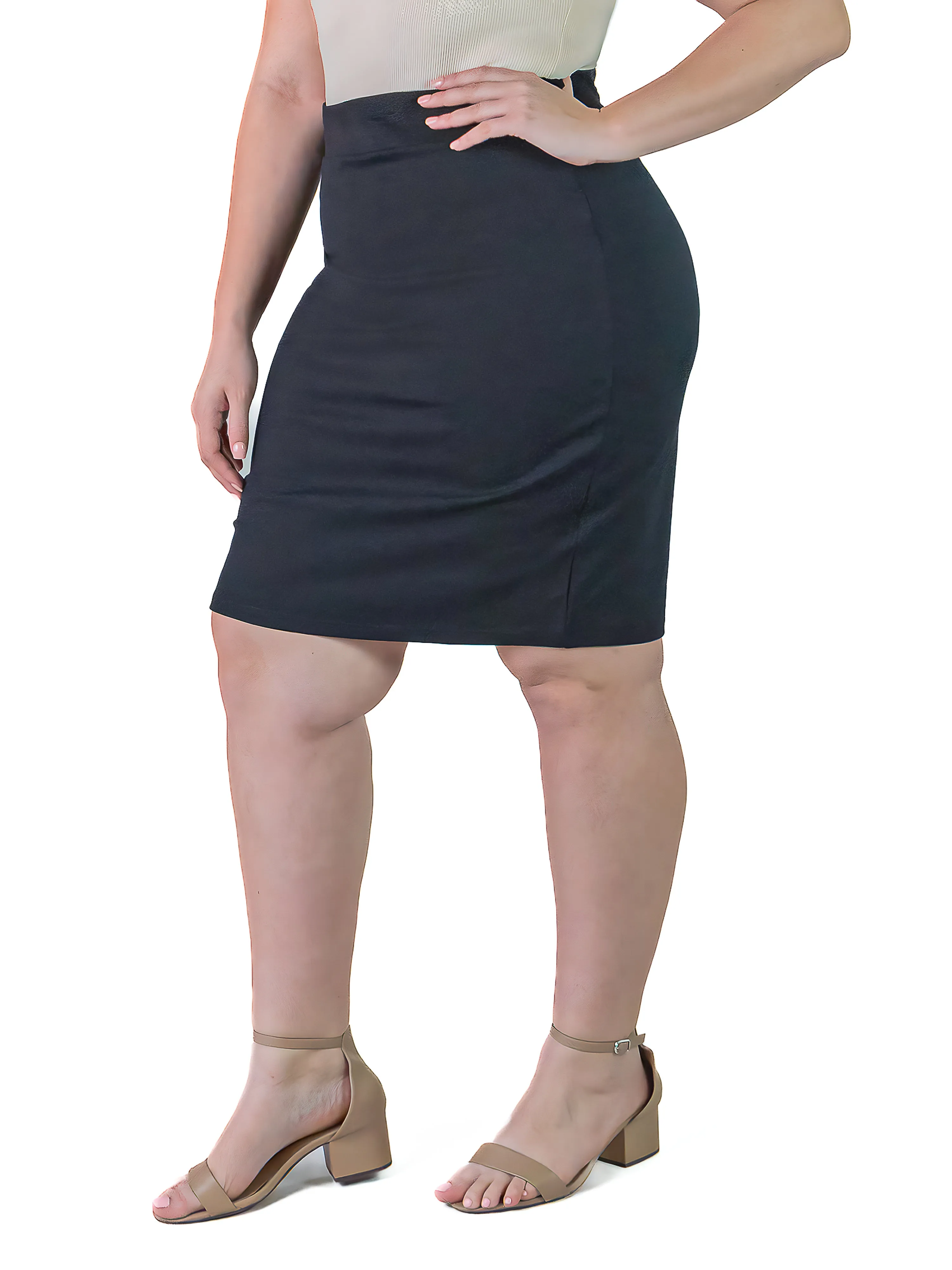 Plus Size Solid Color Elastic Waist Knee Length Pencil Skirt