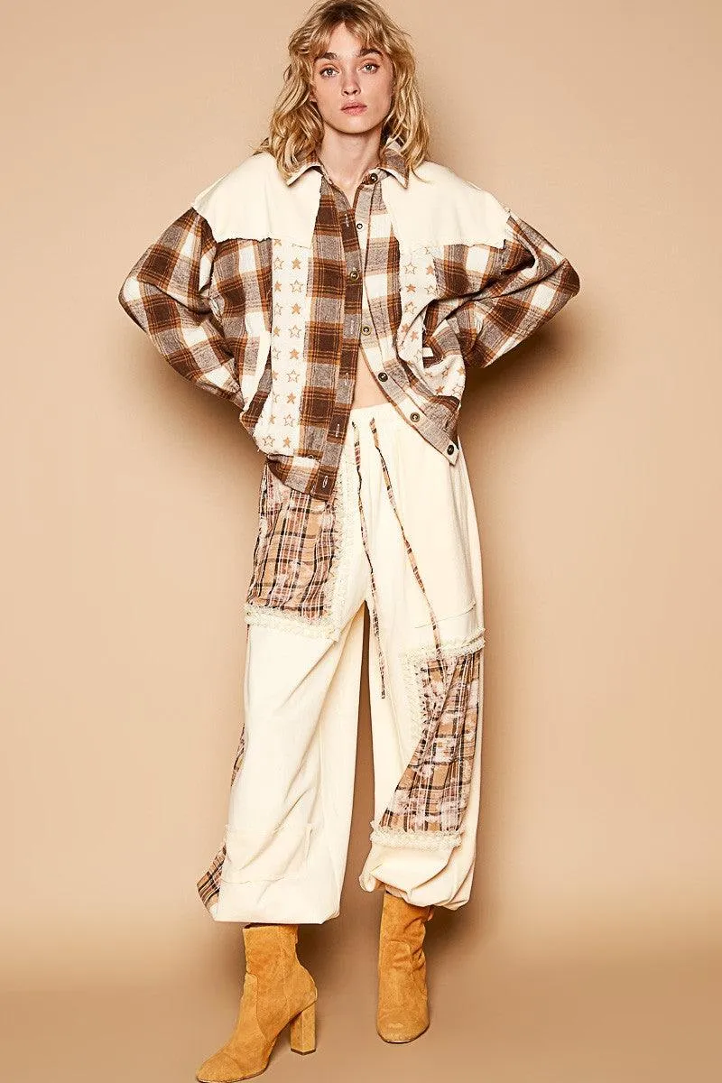 POL Plaid & Star Patchwork Jacket Women Contrast Long Sleeve Shacket