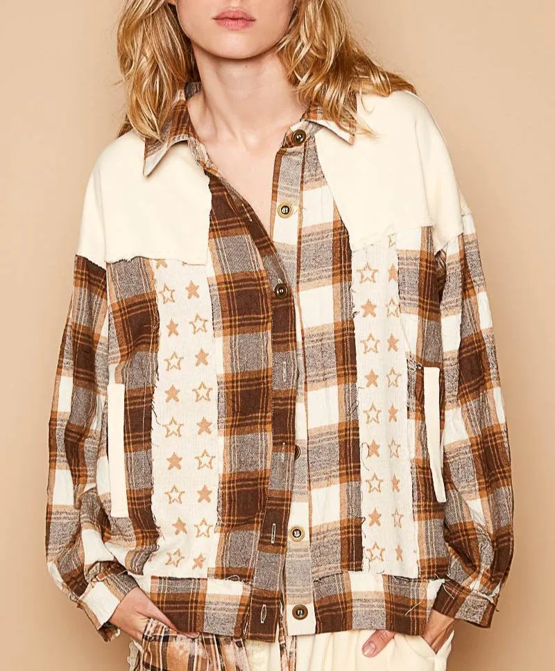 POL Plaid & Star Patchwork Jacket Women Contrast Long Sleeve Shacket