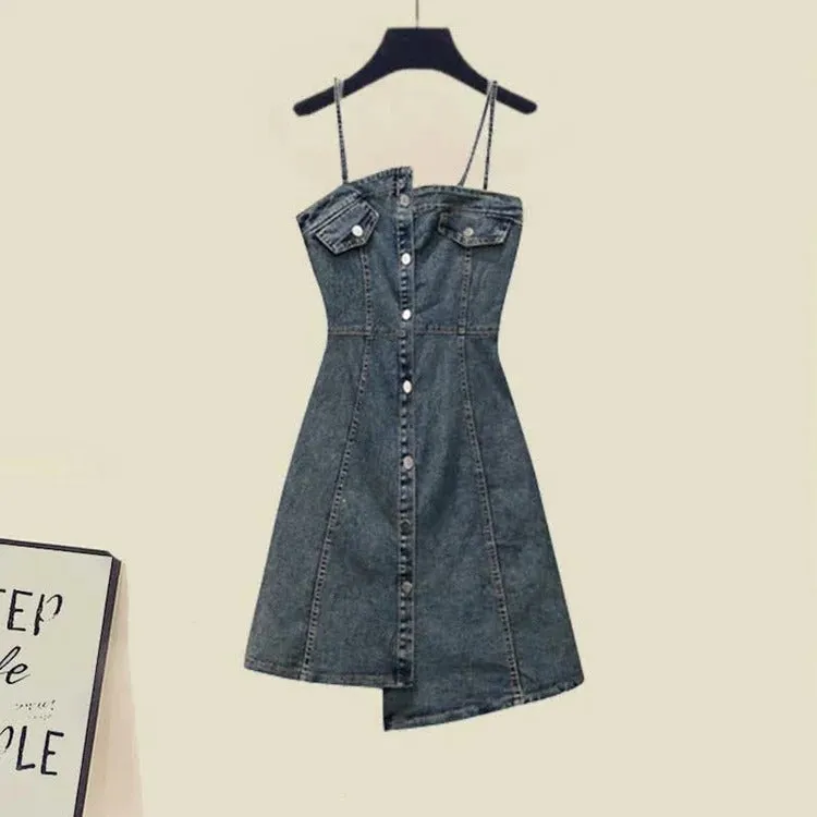 Preppy Hollow Out Sweatshirt Denim Slip Dress Two Piece Set