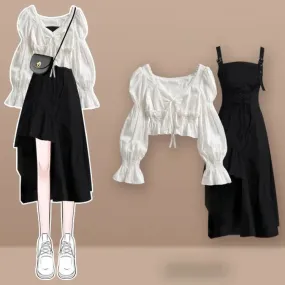 Preppy Puff Sleeve Shirt Lace Up Slip Dress Fishtail Skirt Two Piece Set