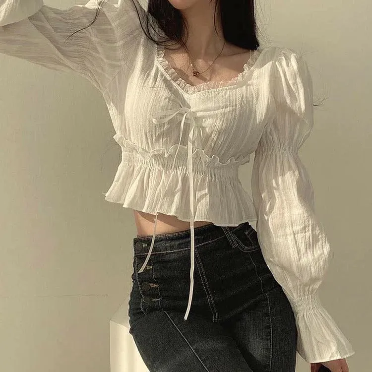 Preppy Puff Sleeve Shirt Lace Up Slip Dress Fishtail Skirt Two Piece Set