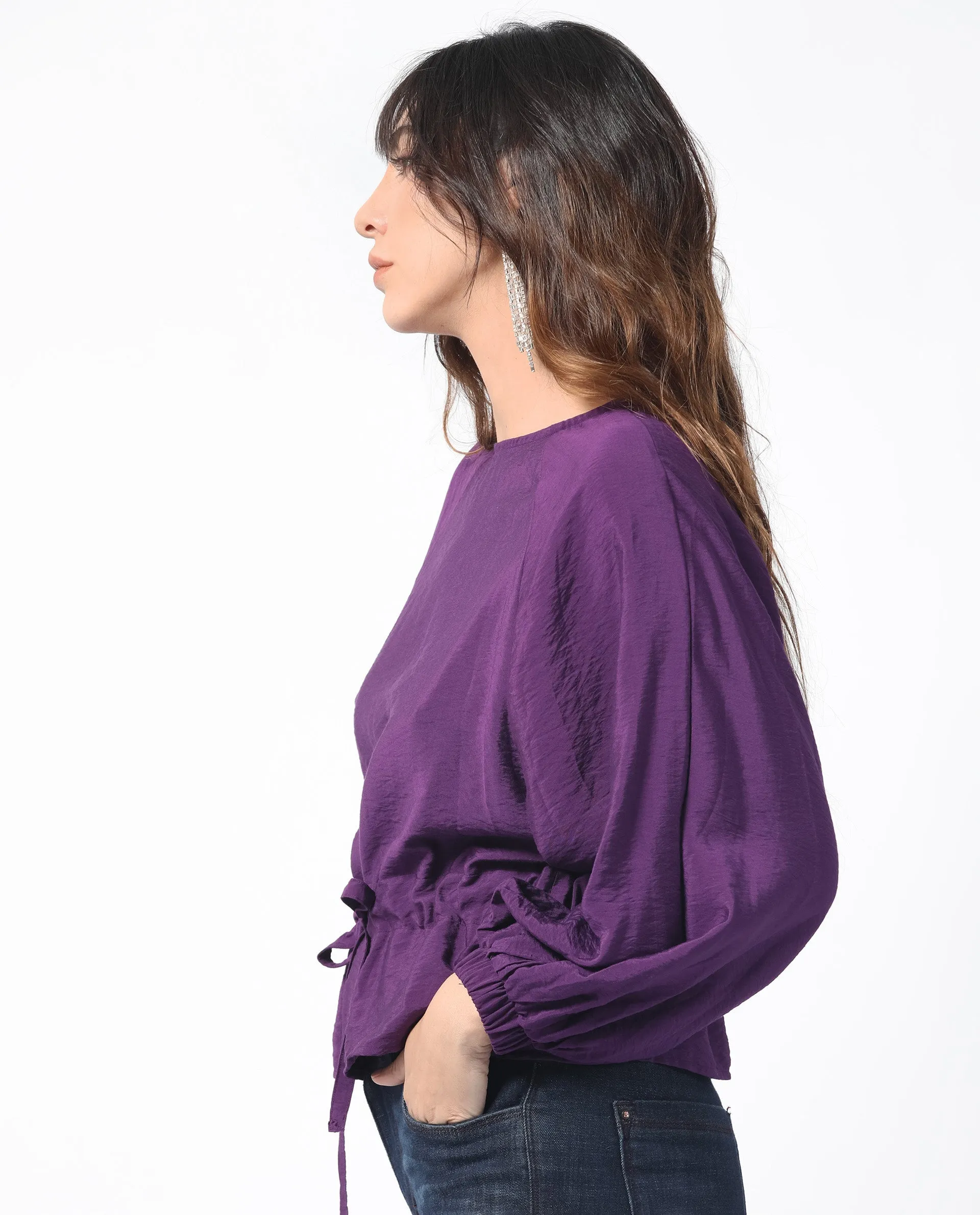 Rareism Women Elber Dark Purple Poly Viscose Fabric Full Sleeves Tie-Up Closure Round Neck Bell Sleeve Relaxed Fit Plain Top