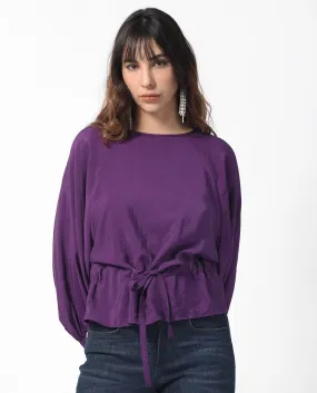 Rareism Women Elber Dark Purple Poly Viscose Fabric Full Sleeves Tie-Up Closure Round Neck Bell Sleeve Relaxed Fit Plain Top