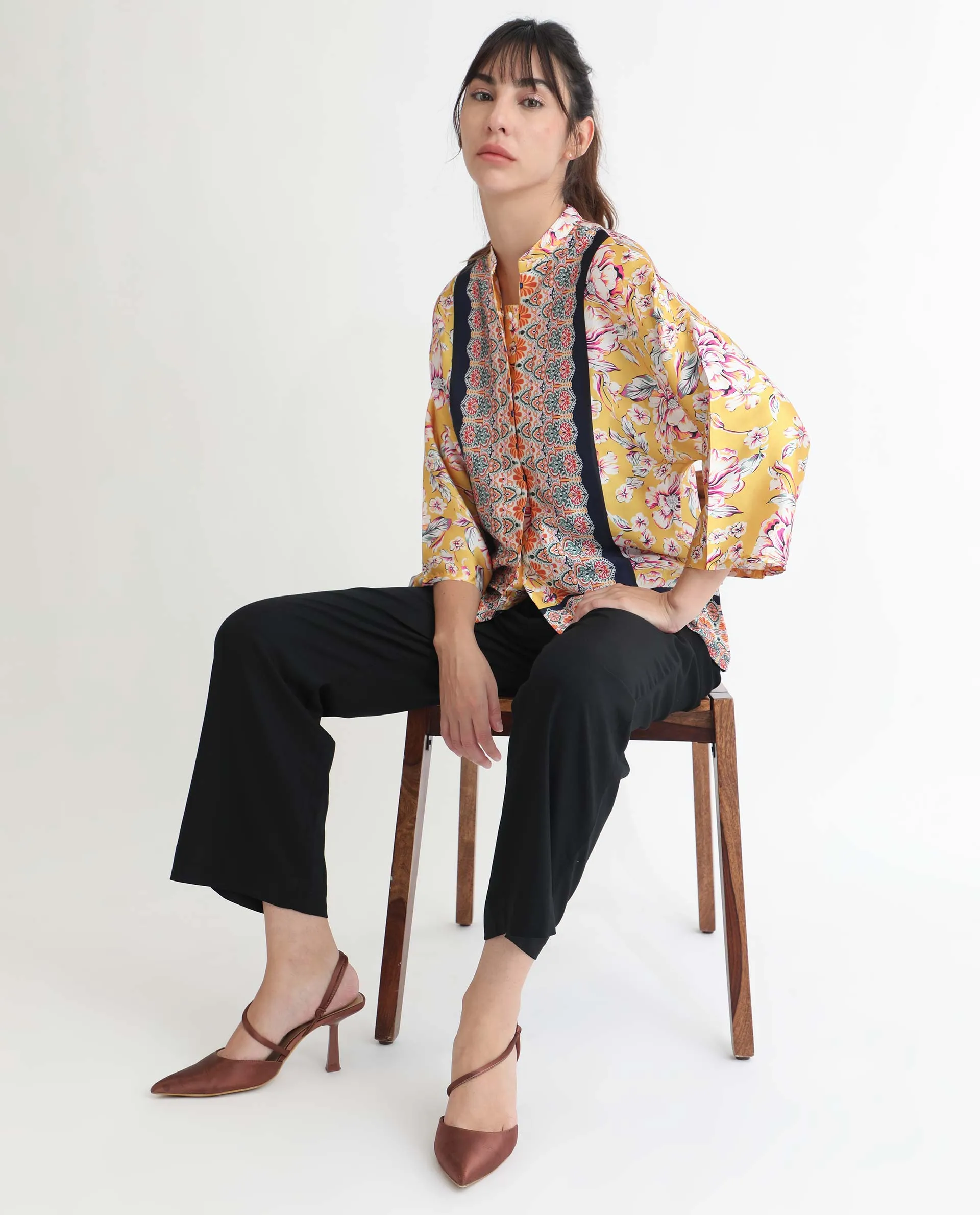 Rareism Women Falke Yellow Polyester Fabric 3/4Th Sleeves Button Closure Mandarin Collar Kimono Sleeve Regular Fit Floral Print Knee Top