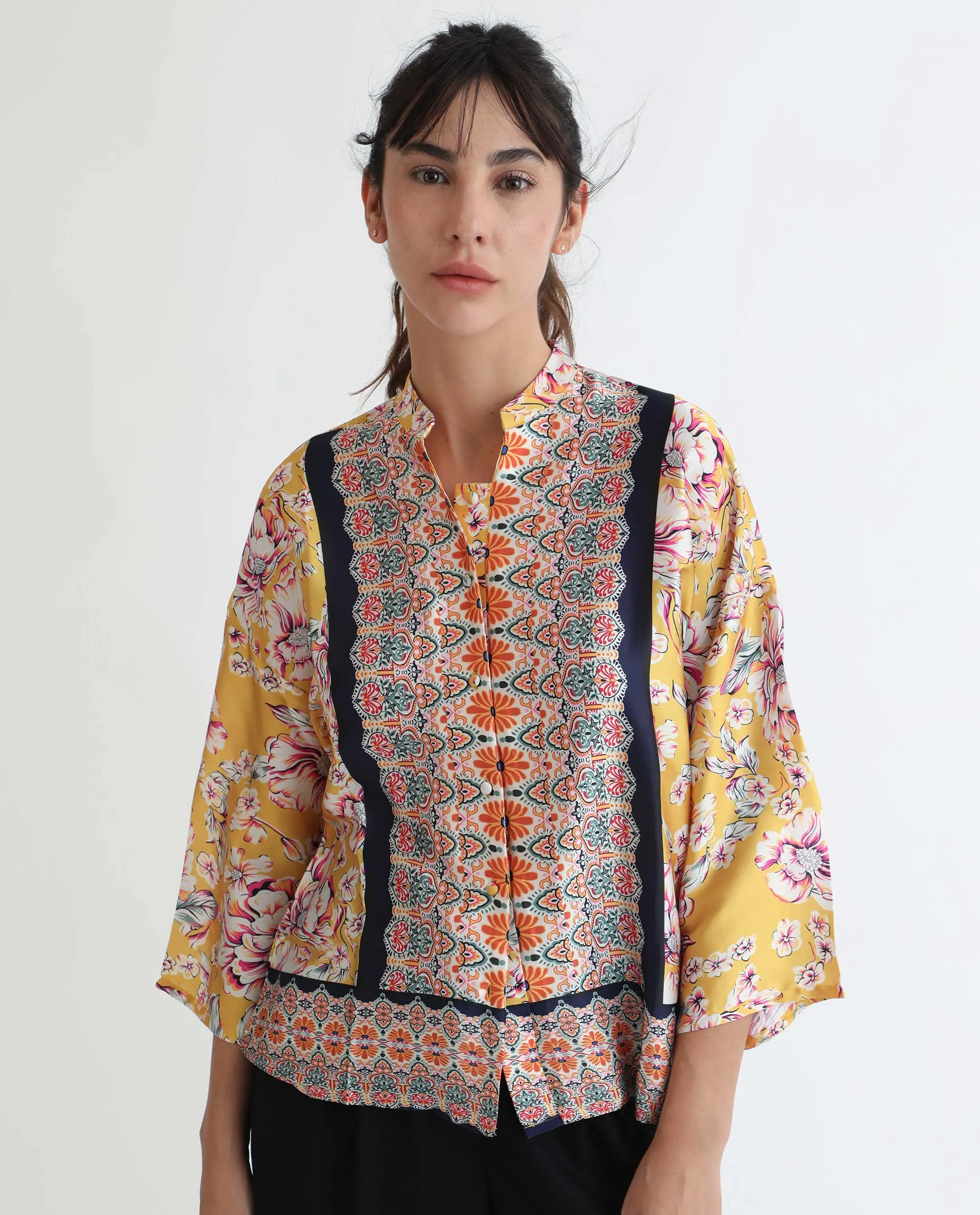 Rareism Women Falke Yellow Polyester Fabric 3/4Th Sleeves Button Closure Mandarin Collar Kimono Sleeve Regular Fit Floral Print Knee Top