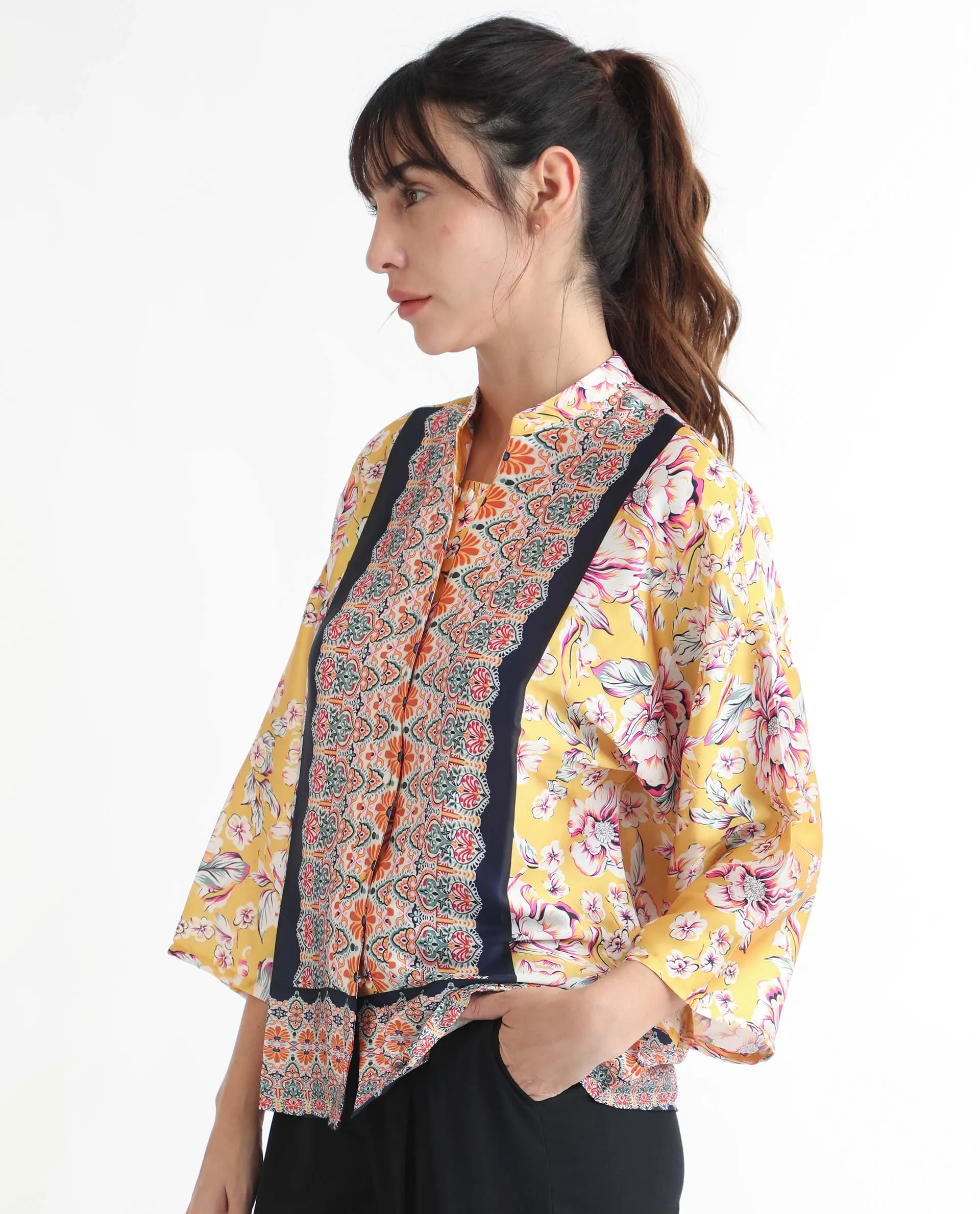 Rareism Women Falke Yellow Polyester Fabric 3/4Th Sleeves Button Closure Mandarin Collar Kimono Sleeve Regular Fit Floral Print Knee Top