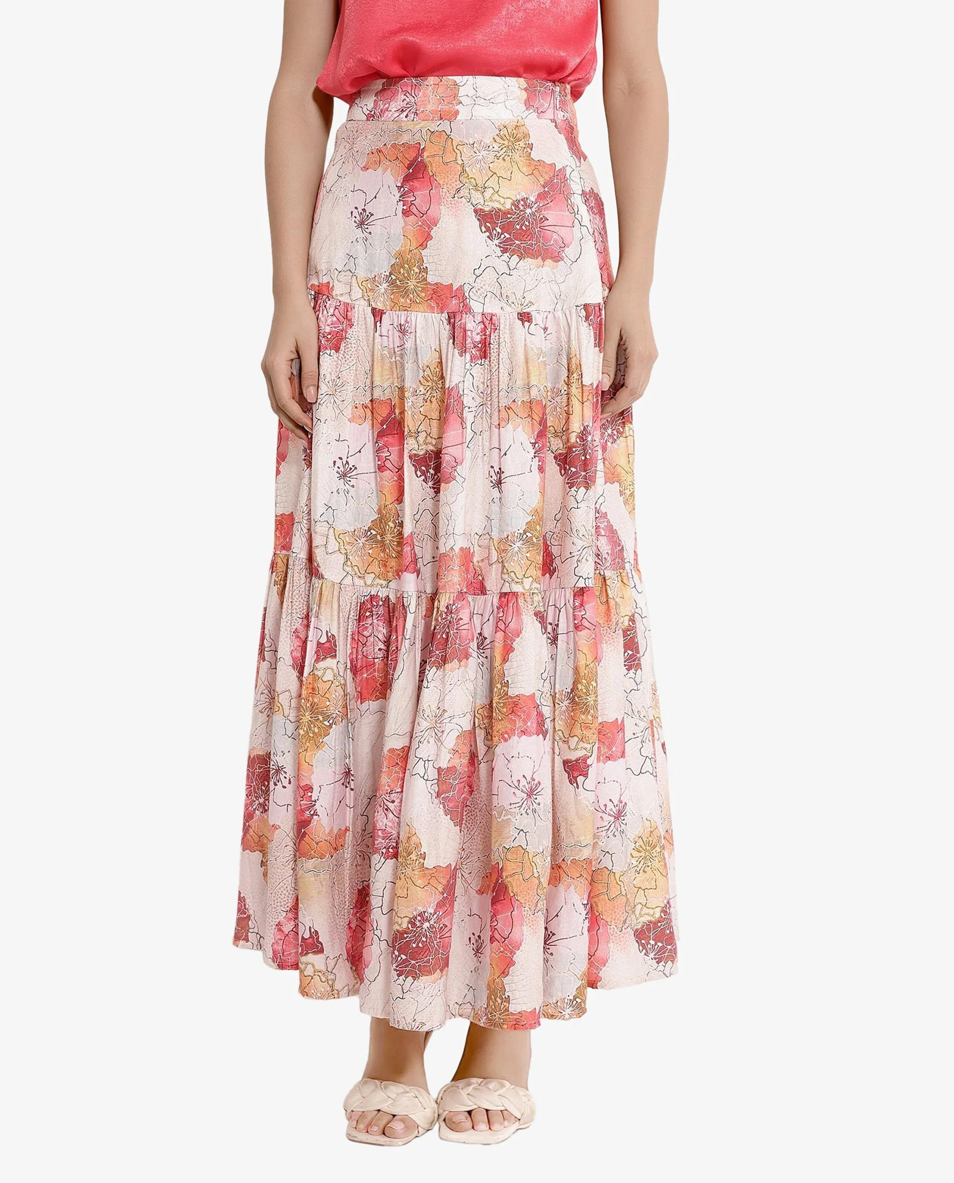 Rareism Women Solan Multi Zip Flared Maxi Floral Print Skirt