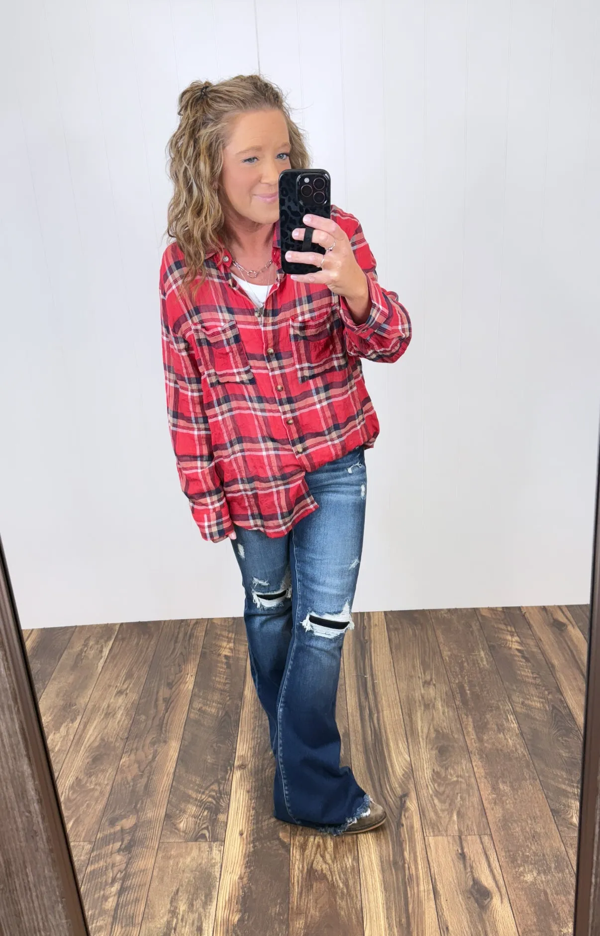 Red Plaid Oversized Crinkle Button Up LS