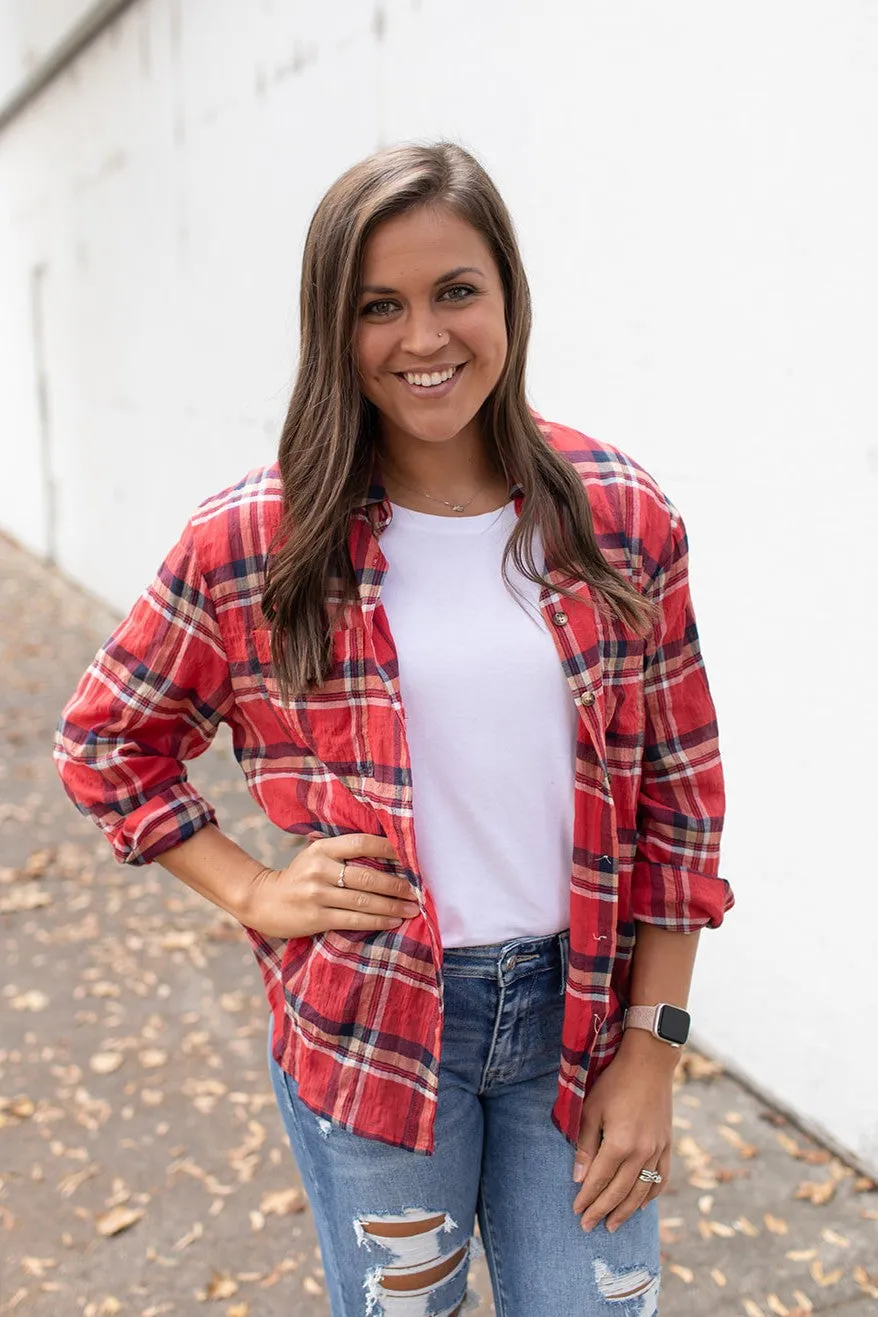 Red Plaid Oversized Crinkle Button Up LS