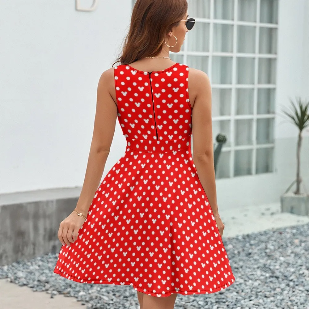 Red With White Mickey Polka Dots V-Neck Sleeveless Dress