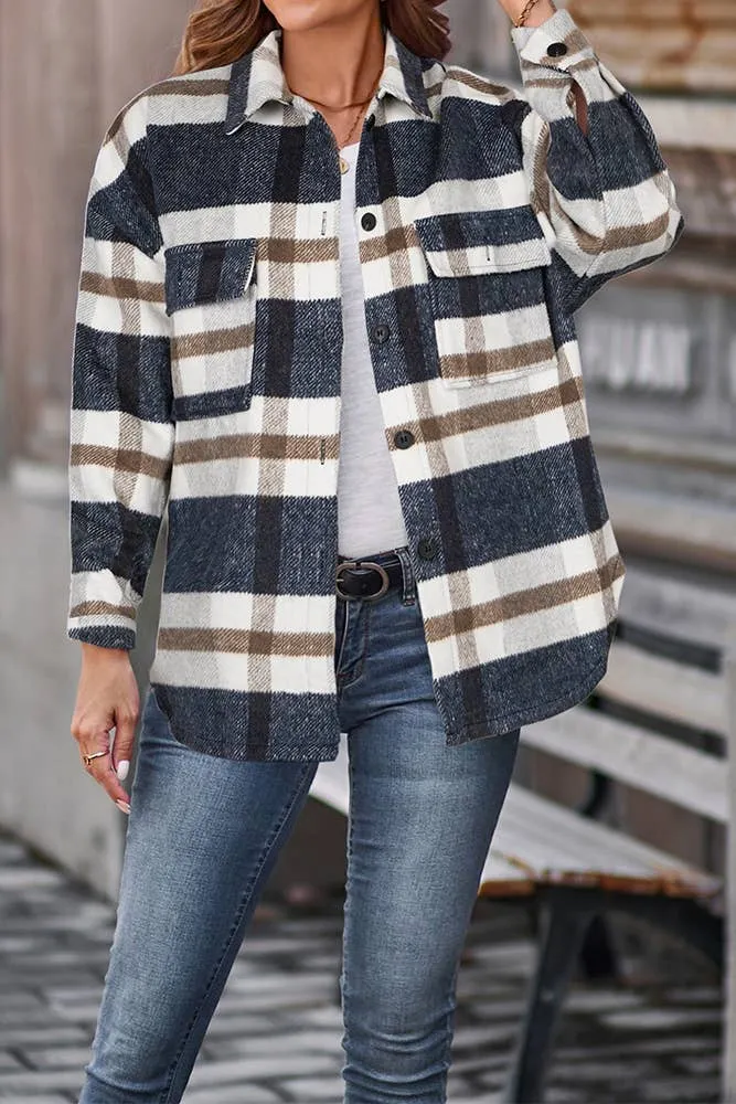 Reg/Plus Navy And Tan Plaid Shacket