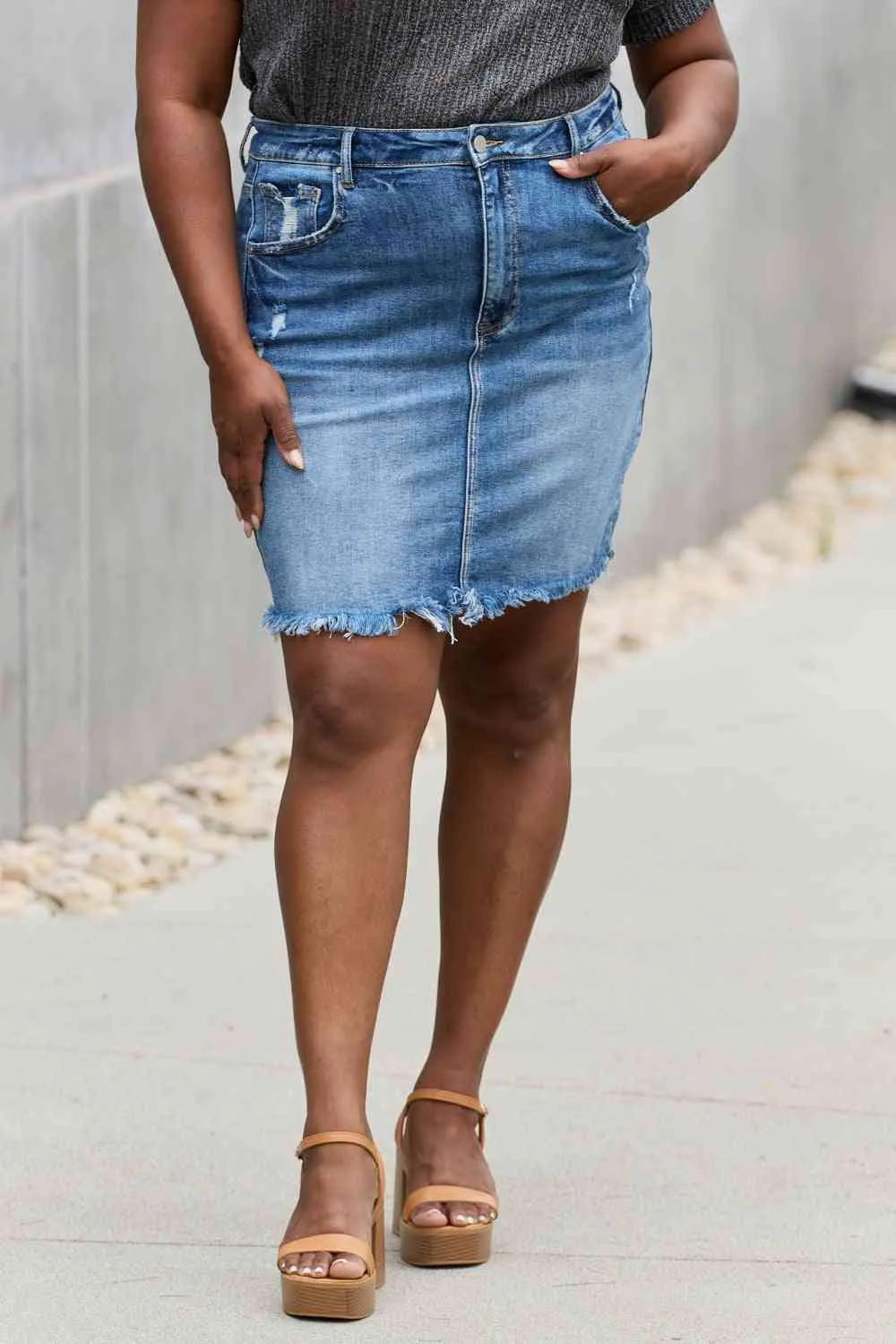 RISEN Amelia Full Size Distressed Denim Mini Skirt