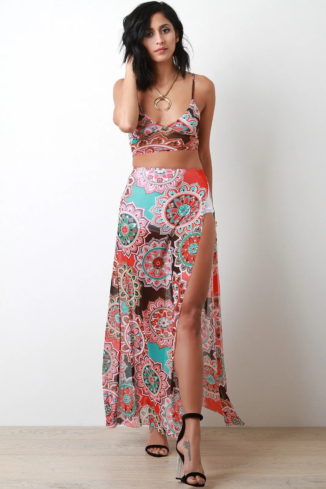 Round Bohemian Flower Slit Maxi Skirt