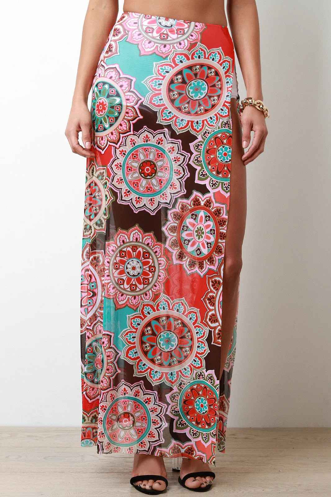 Round Bohemian Flower Slit Maxi Skirt