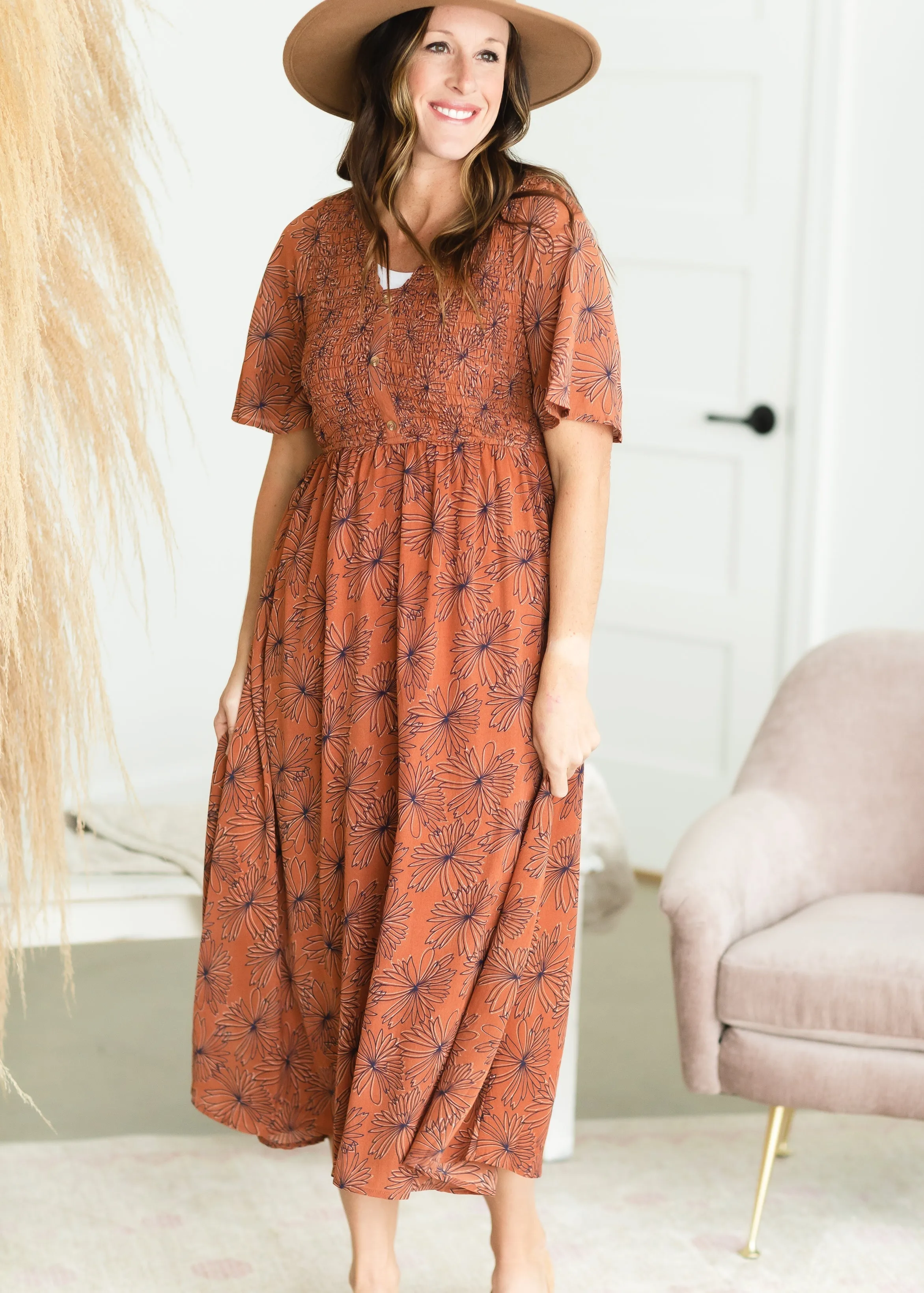 Rust Smocked Button Front Maxi Dress - FINAL SALE