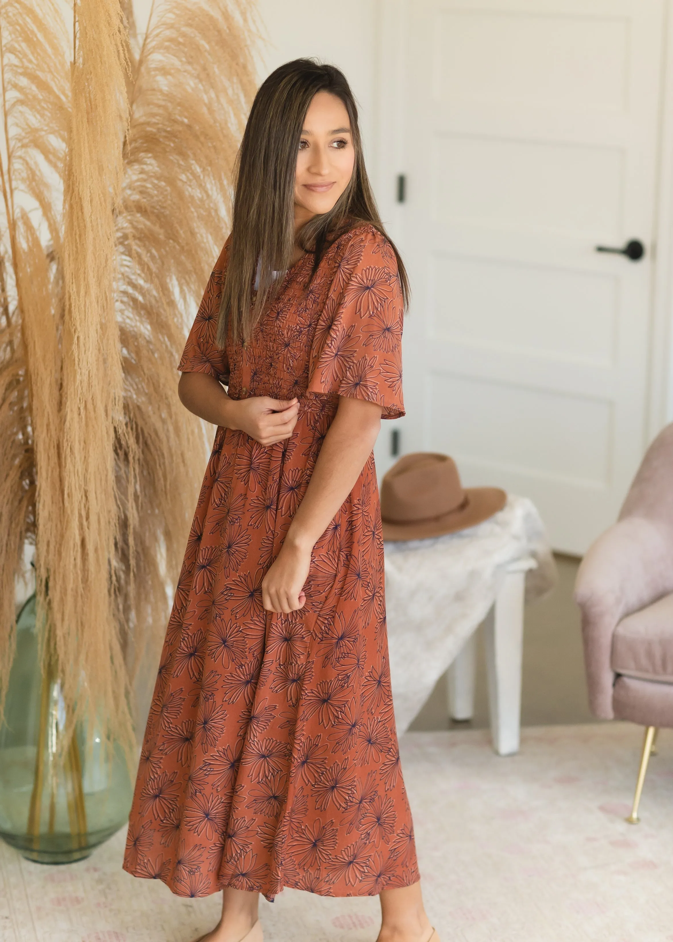 Rust Smocked Button Front Maxi Dress - FINAL SALE