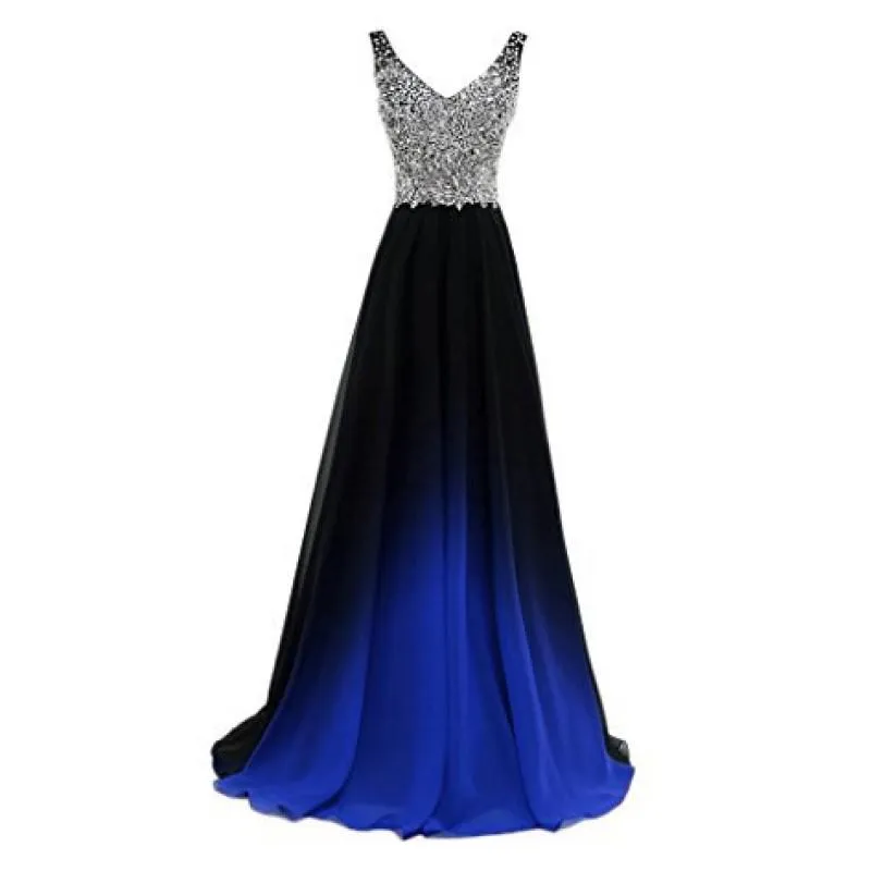 sd-hk Gradient Formal Evening Gowns Beaded Ombre Chiffon Long Prom Dresses