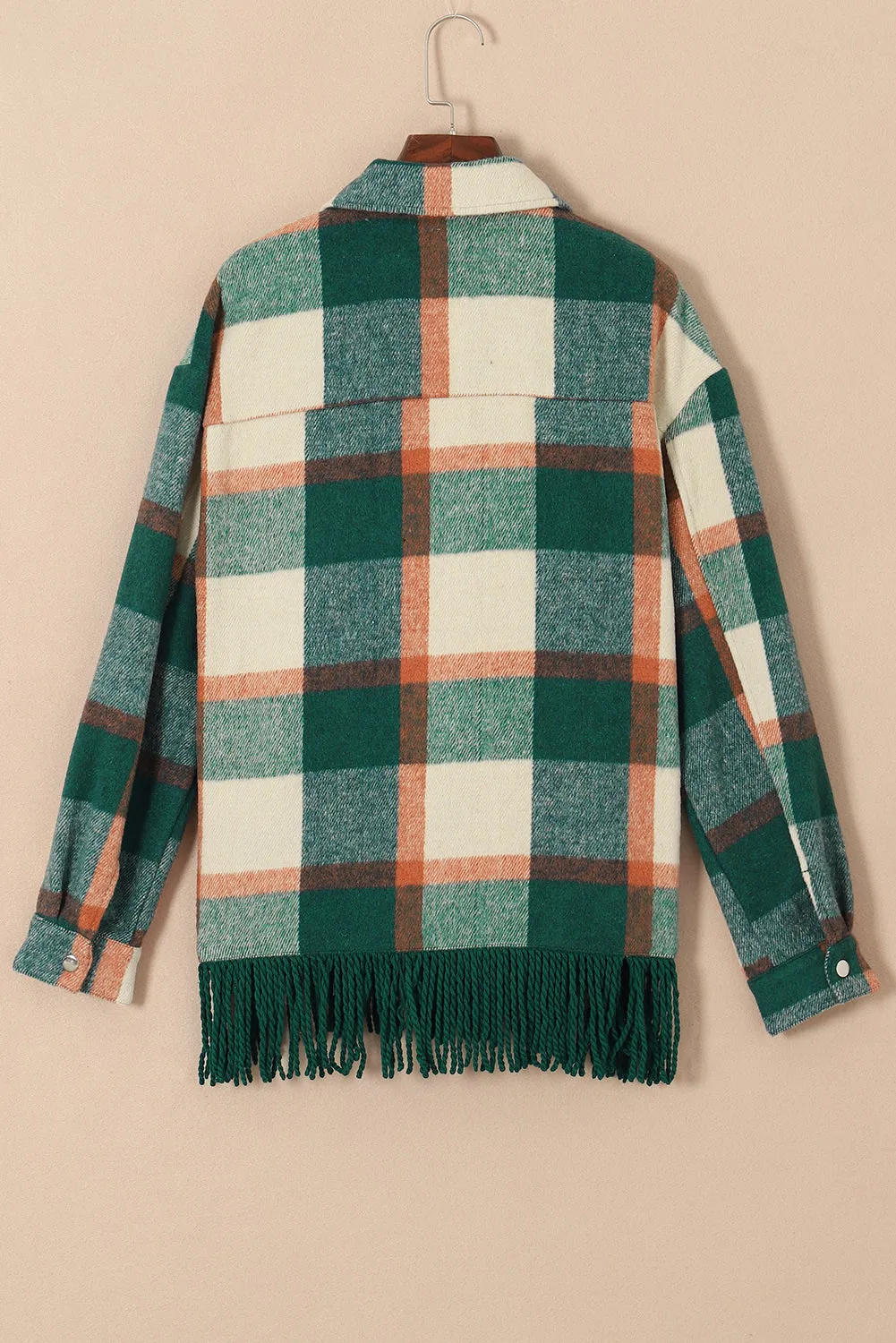 Sea Green Plaid Snap Button Pocket Fringed Hem Jacket