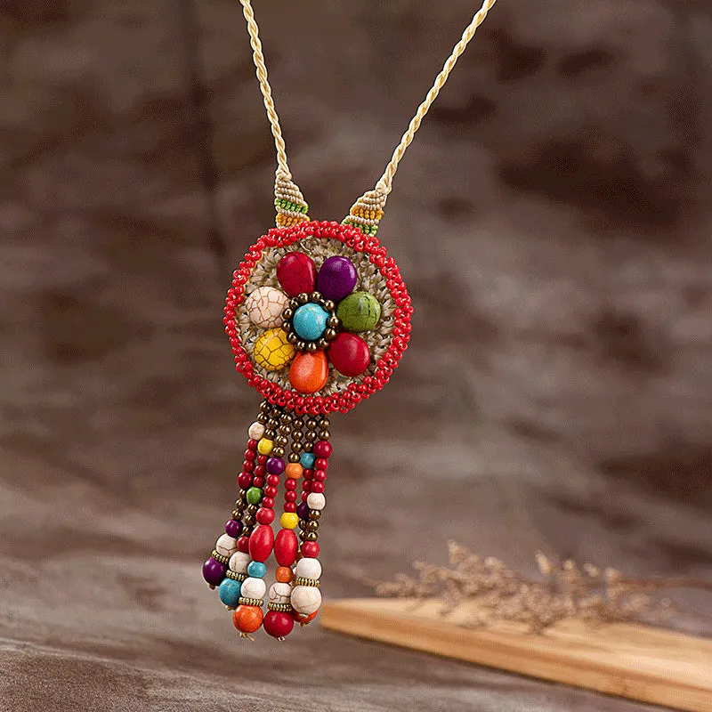 Semi-Precious Stone Long Necklace Thai Wax Rope Woven Floral Pendant Sweater Chain