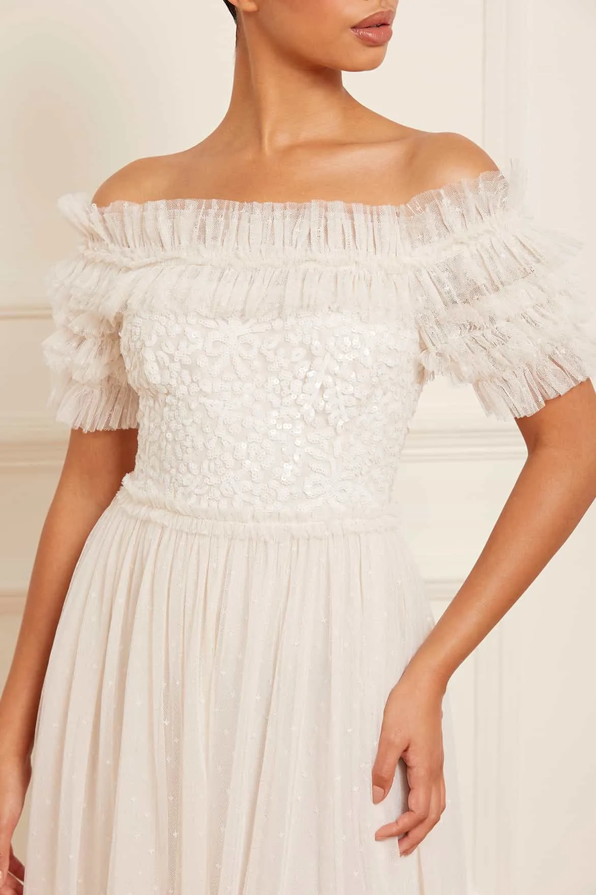 Sequin Wreath Bodice Off-Shoulder Ankle Gown